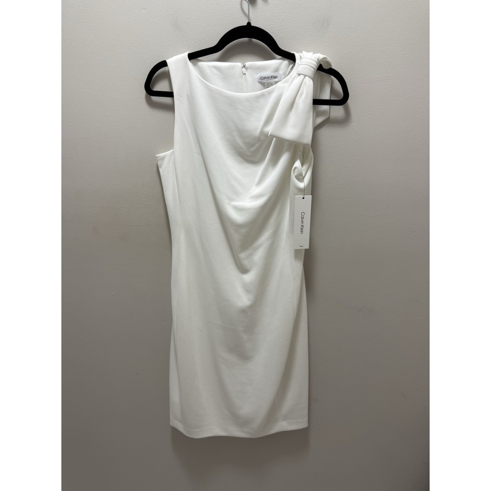 Calvin Klein White Bow Shoulder Sheath Dress Women's 8P Petite‎ NWT - Picture 2 of 12